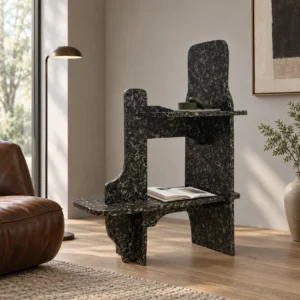 Sculptural Black Terrazzo Stone Bookshelf in black — front view