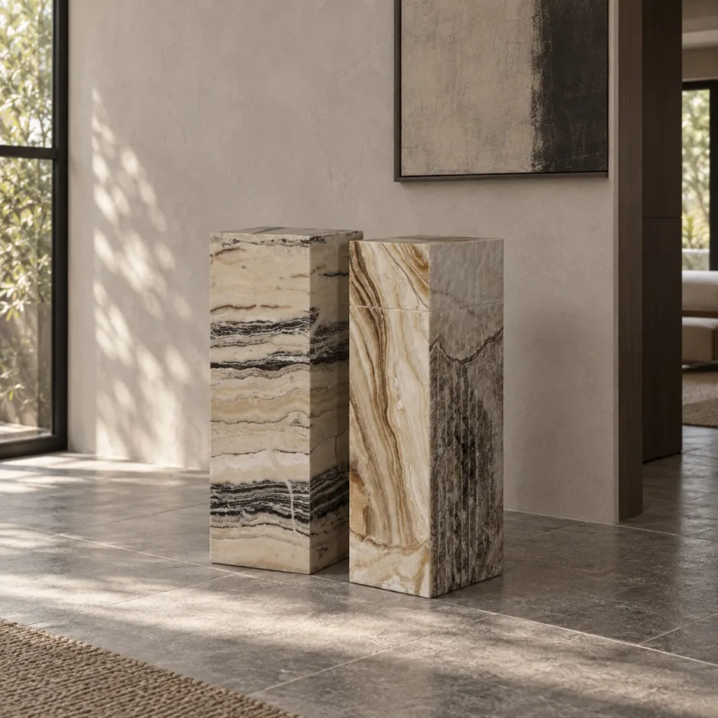 Natural Stone Square Column Sculpture Stands, Pair in oatmeal — front view