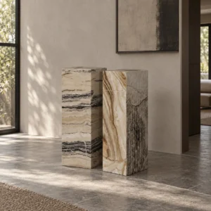 Natural Stone Square Column Sculpture Stands, Pair in oatmeal — front view