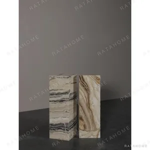 Natural Stone Square Column Sculpture Stands, Pair in oatmeal — in a room setting
