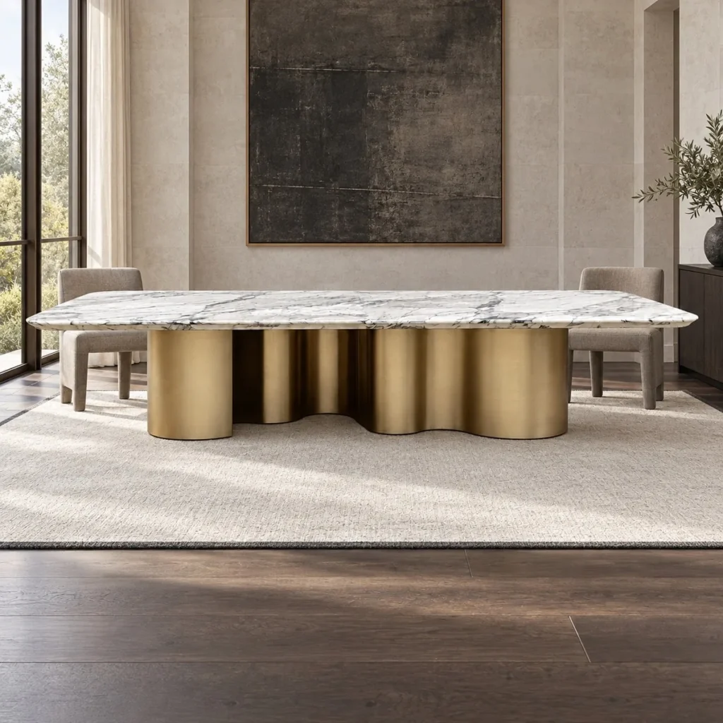 Long Grey-Veined Marble Dining Table on Champagne Columns in ivory — front view