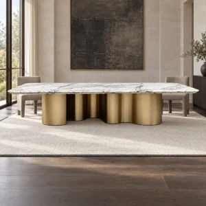 Long Grey-Veined Marble Dining Table on Champagne Columns in ivory — front view