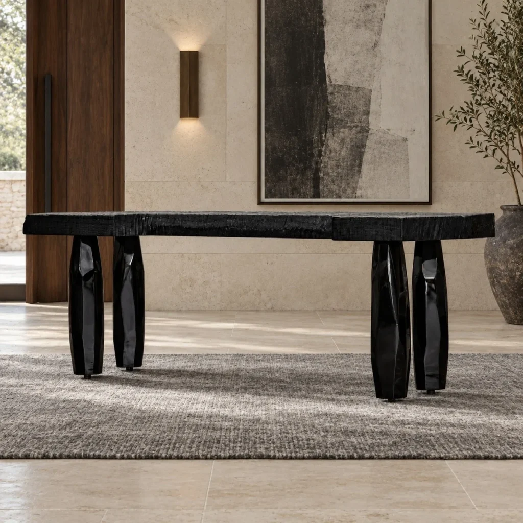 Charred Black Solid Wood Bench with Sculpted Legs in black — front view