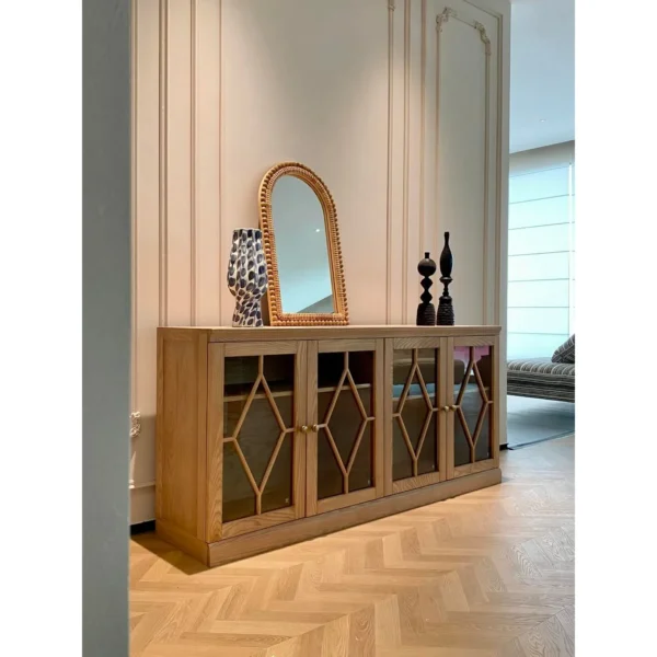 Tuscan Solid Wood Sideboard with Lattice Glass Doors in natural oak — in a room setting