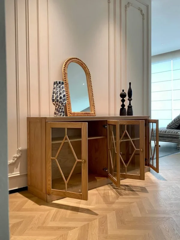 Tuscan Solid Wood Sideboard with Lattice Glass Doors in natural oak — in a room setting