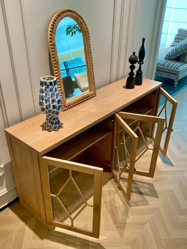 Tuscan Solid Wood Sideboard with Lattice Glass Doors in natural oak — in a room setting