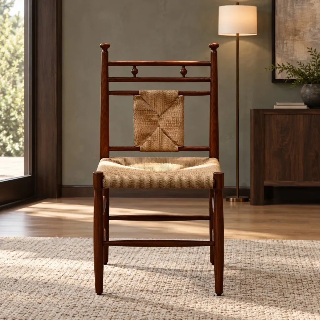 Tall Ladder-Back Dining Chair with Woven Rush Seat in clay — front view