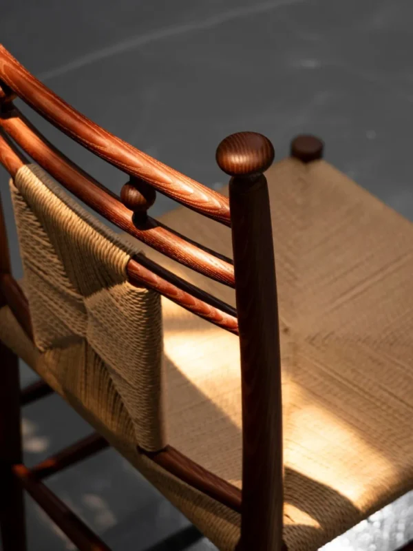 Tall Ladder-Back Dining Chair with Woven Rush Seat in clay — detail