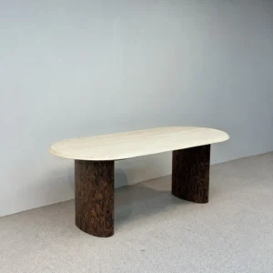 Super-White Travertine Oval Table on Burl-Veneer Columns in oatmeal — front view