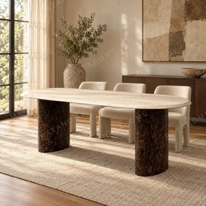 Super-White Travertine Oval Table on Burl-Veneer Columns in oatmeal — in a room setting