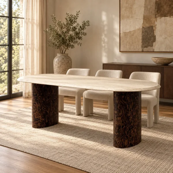 Super-White Travertine Oval Table on Burl-Veneer Columns in oatmeal — in a room setting