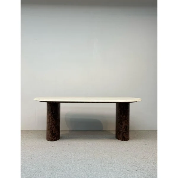 Super-White Travertine Oval Table on Burl-Veneer Columns in oatmeal — in a room setting
