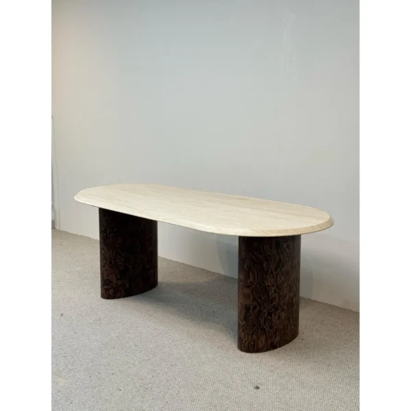 Super-White Travertine Oval Table on Burl-Veneer Columns in oatmeal — in a room setting