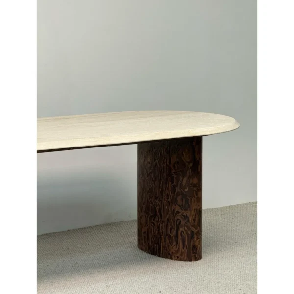 Super-White Travertine Oval Table on Burl-Veneer Columns in oatmeal — in a room setting