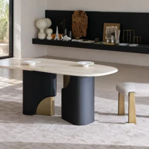 Travertine Oval Dining Table on Black Oak Columns with Brass in oatmeal — front view