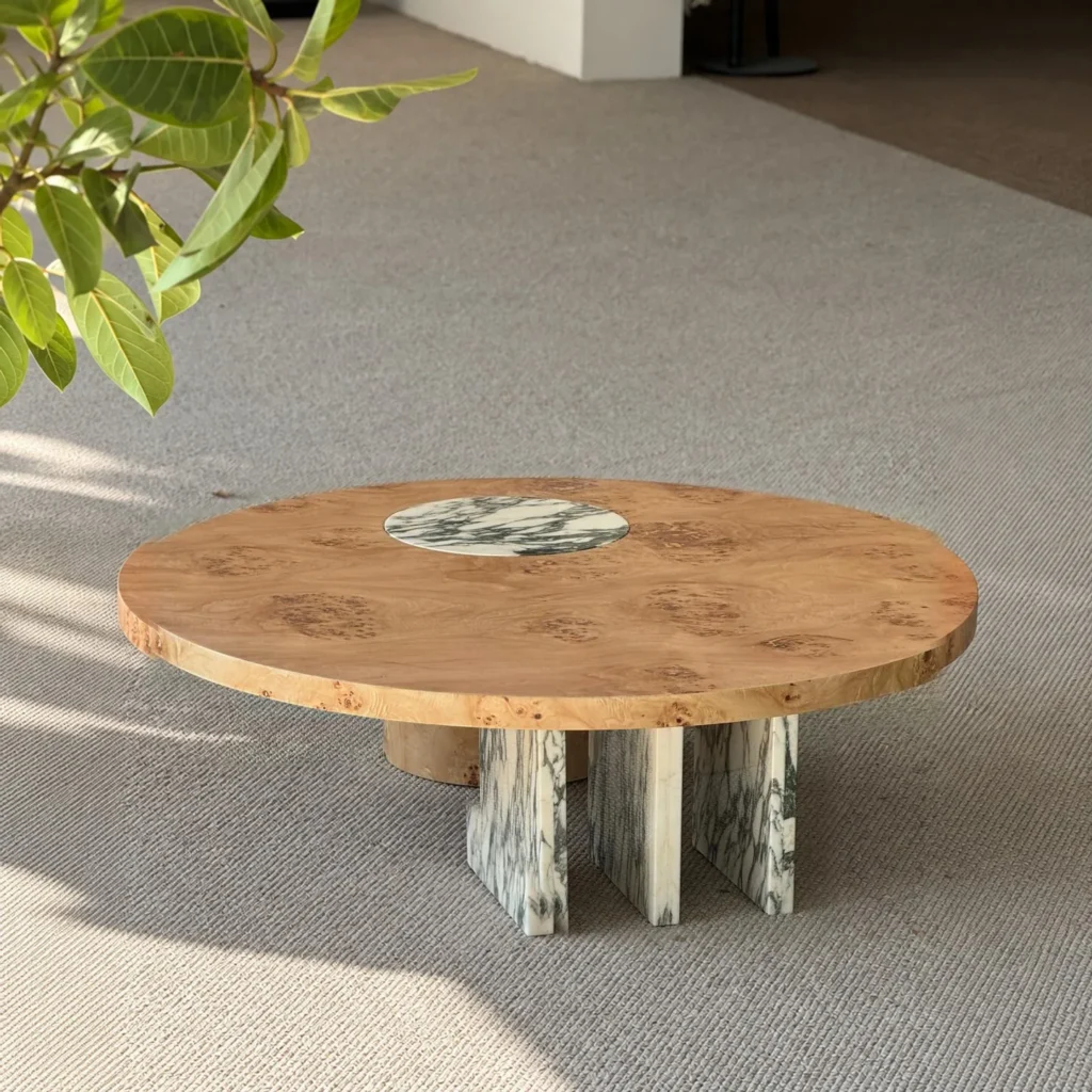 Round Burl Veneer Coffee Table in clay — front view