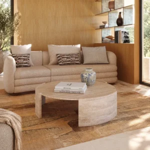 Round Natural Travertine Coffee Table on Three-Arc Ring Base in sand — front view
