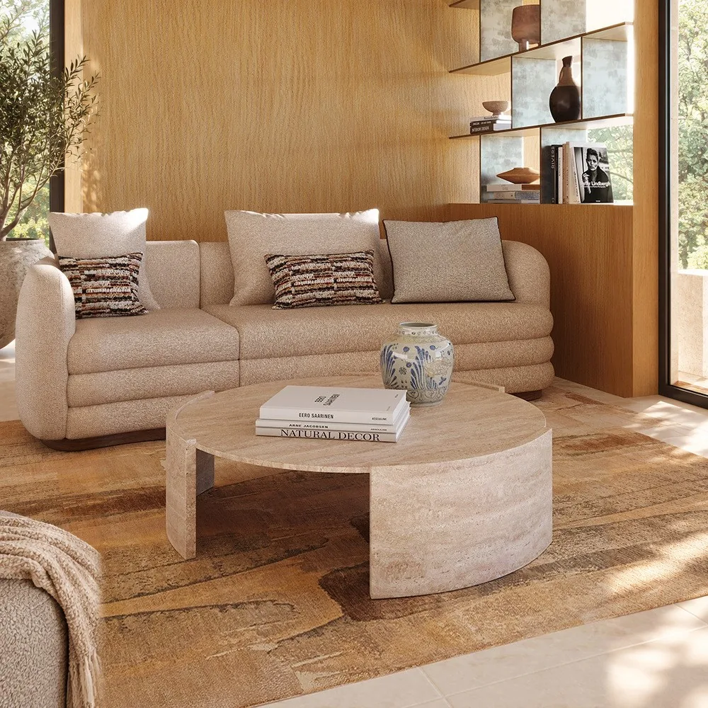 Round Natural Travertine Coffee Table on Three-Arc Ring Base in sand — front view