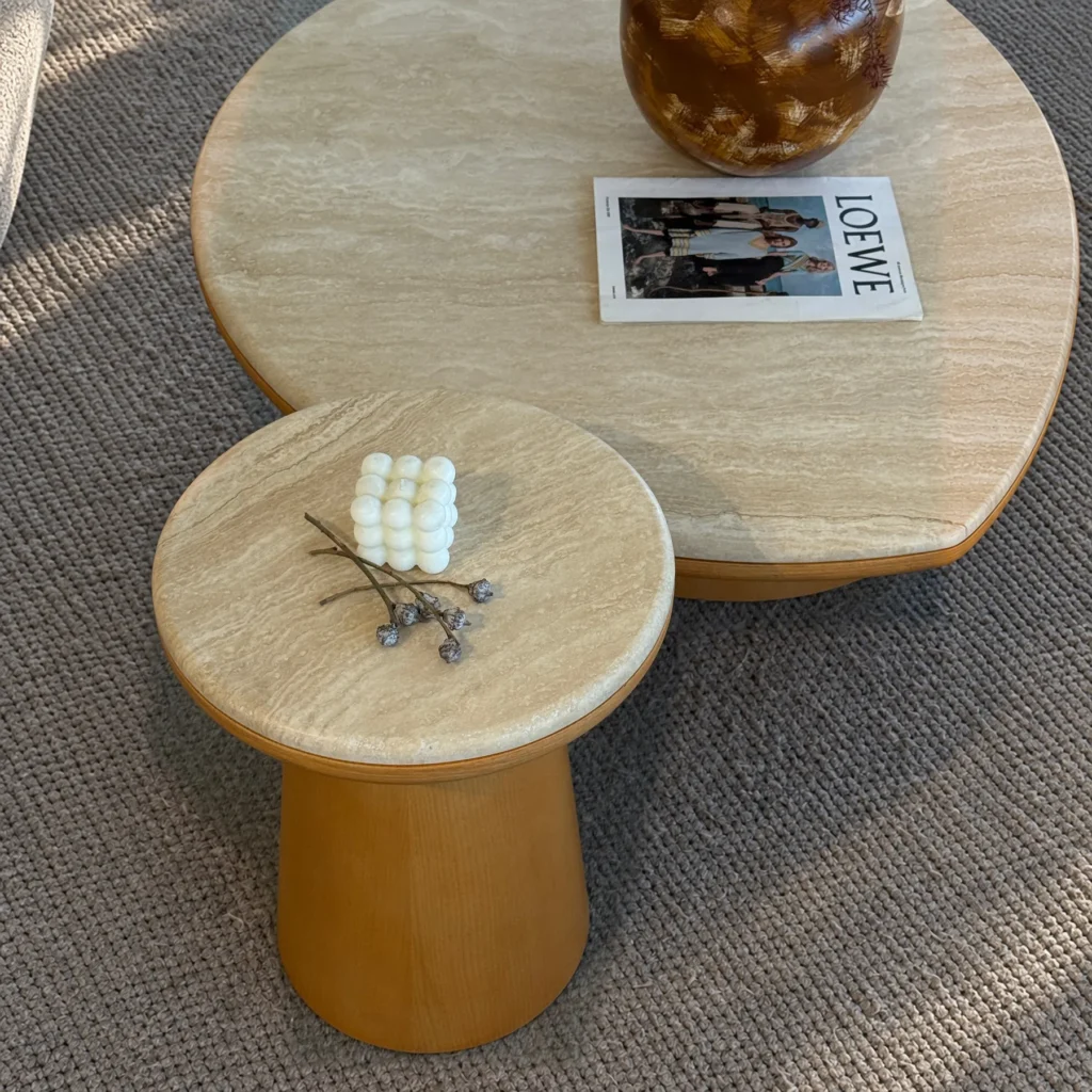 Travertine Round Coffee Table Pair in sand — front view