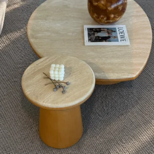 Travertine Round Coffee Table Pair in sand — front view