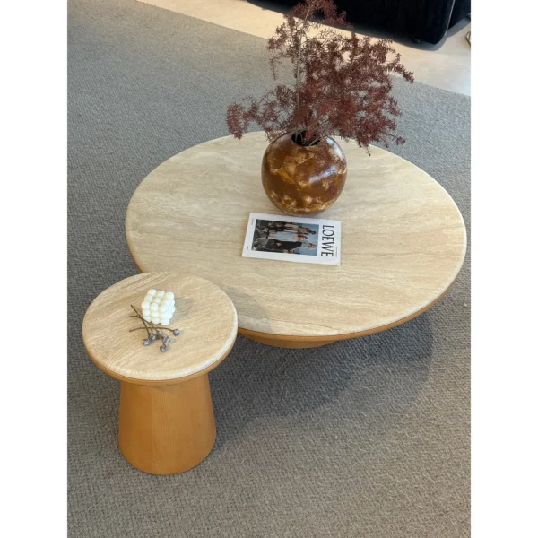 Travertine Round Coffee Table Pair in sand — in a room setting