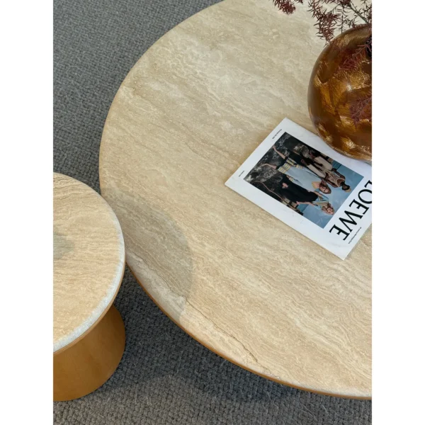Travertine Round Coffee Table Pair in sand — in a room setting