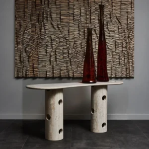 Travertine Curved Console with Pierced Column Legs in oatmeal — front view