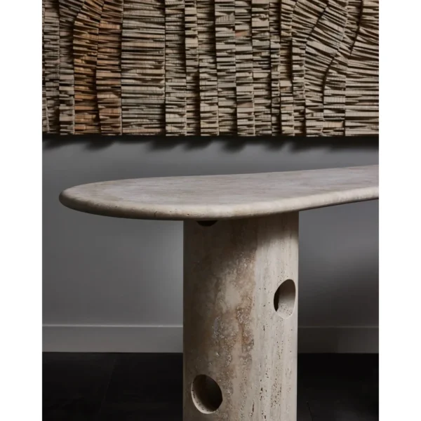Travertine Curved Console with Pierced Column Legs in oatmeal — in a room setting