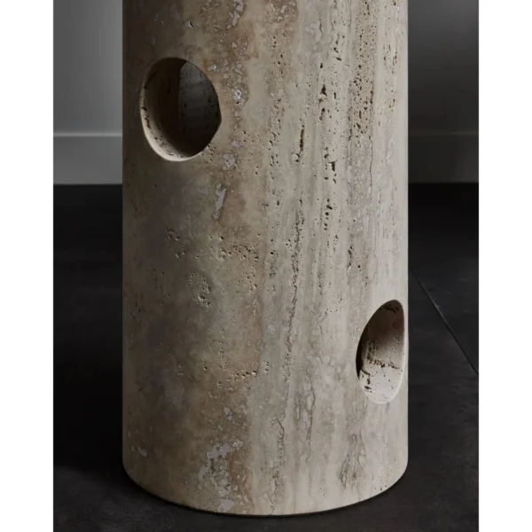 Travertine Curved Console with Pierced Column Legs in oatmeal — in a room setting
