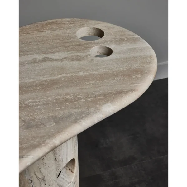 Travertine Curved Console with Pierced Column Legs in oatmeal — in a room setting