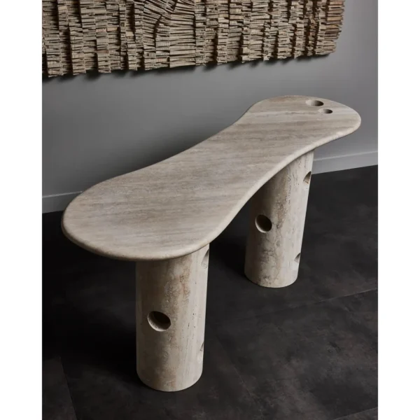 Travertine Curved Console with Pierced Column Legs in oatmeal — in a room setting