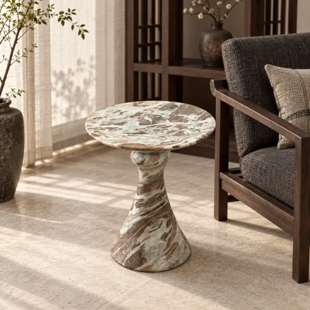 Natural Veined Marble Round Side Table on Sculpted Base in olive — front view