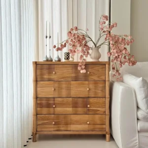 Natural Oak Four-Drawer Chest with Carved Stripes in natural oak — front view