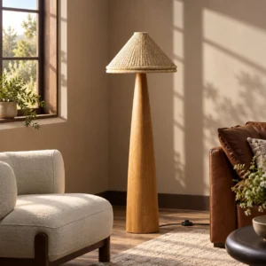 Natural Wood Cone Floor Lamp with Hand-Woven Shade in natural oak — front view