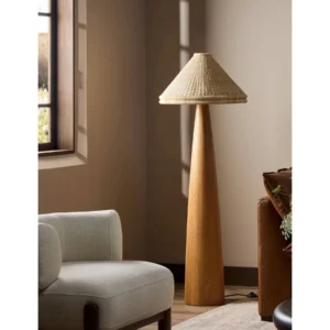 Natural Wood Cone Floor Lamp with Hand-Woven Shade in natural oak — in a room setting