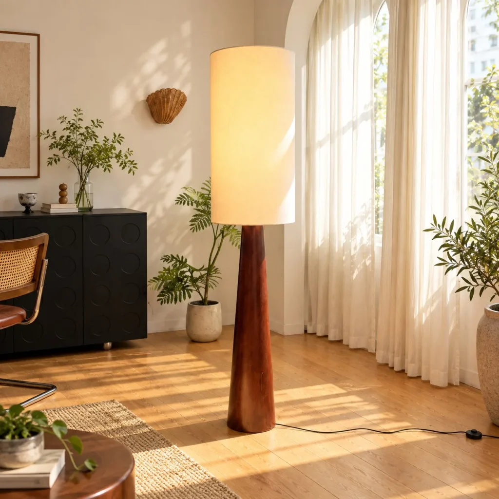 Walnut Cone Floor Lamp with Straight Linen Drum Shade in walnut — front view