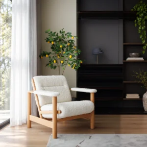 Natural Wood Armchair in Cream Shearling — front view