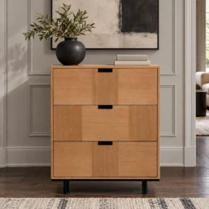 Natural Oak Three-Drawer Cabinet with Cut-Out Pulls in natural oak — front view