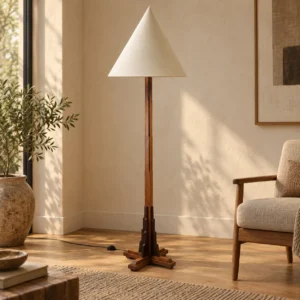 Natural Wood Triangle Floor Lamp in walnut — front view