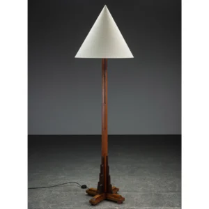 Natural Wood Triangle Floor Lamp in walnut — in a room setting