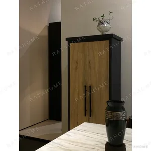 Naturalist Oak Tall Cabinet in Dark Frame on Slim Metal Legs — in a room setting