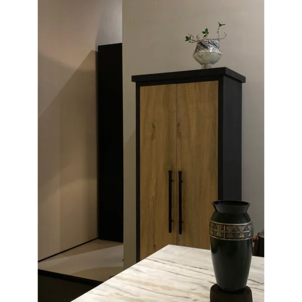 Naturalist Oak Tall Cabinet in Dark Frame on Slim Metal Legs — in a room setting