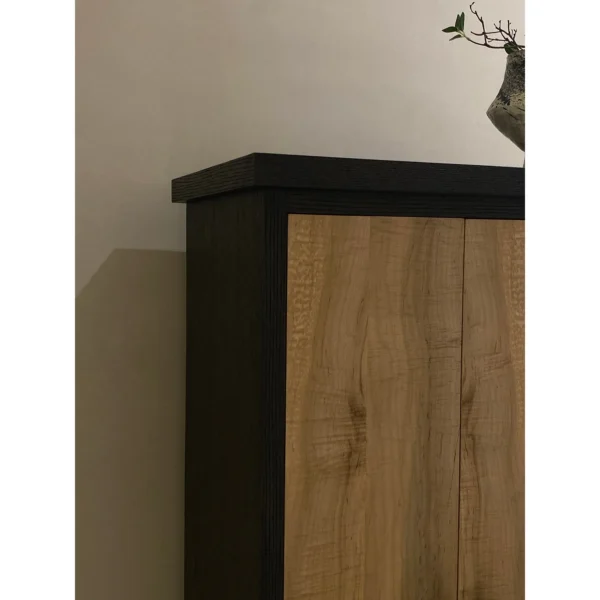 Naturalist Oak Tall Cabinet in Dark Frame on Slim Metal Legs — in a room setting
