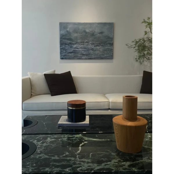 Naturalist Oak Tall Cabinet in Dark Frame on Slim Metal Legs — in a room setting