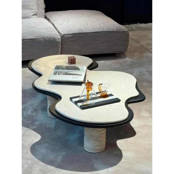 Nebula Travertine Cloud Coffee Table in oatmeal — in a room setting
