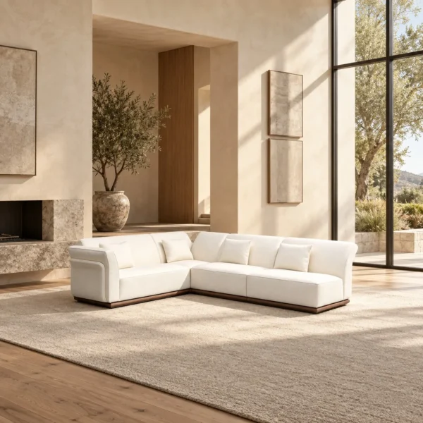 Negative Space Corner Sofa in Cream Fabric on Walnut Plinth — in a room setting