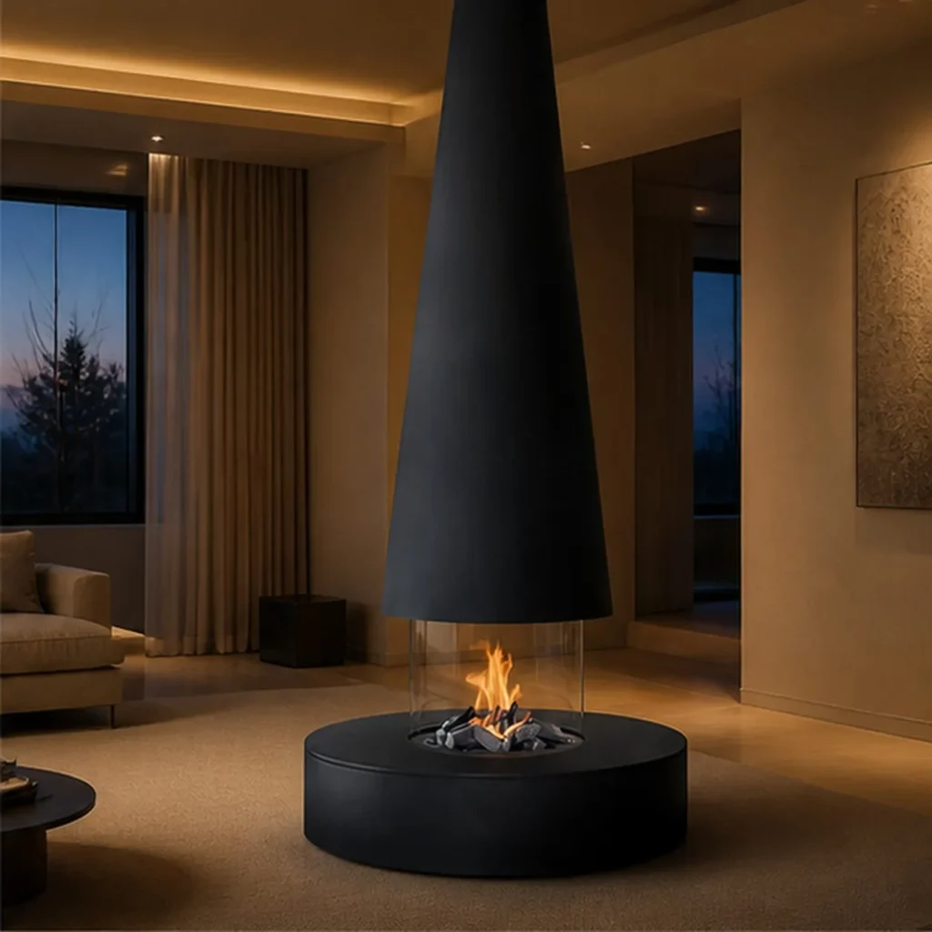 Nelly Suspended Column Fireplace with Glass Ring, 100 cm in black — front view