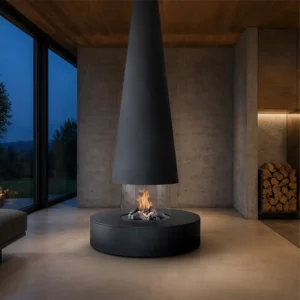 Nelly Suspended Column Fireplace with Glass Ring, 100 cm in black — in a room setting