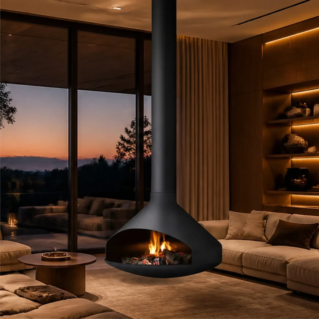 Nelson Suspended Cone Fireplace, 80 cm in black — front view