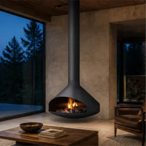 Nelson Suspended Cone Fireplace, 80 cm in black — in a room setting